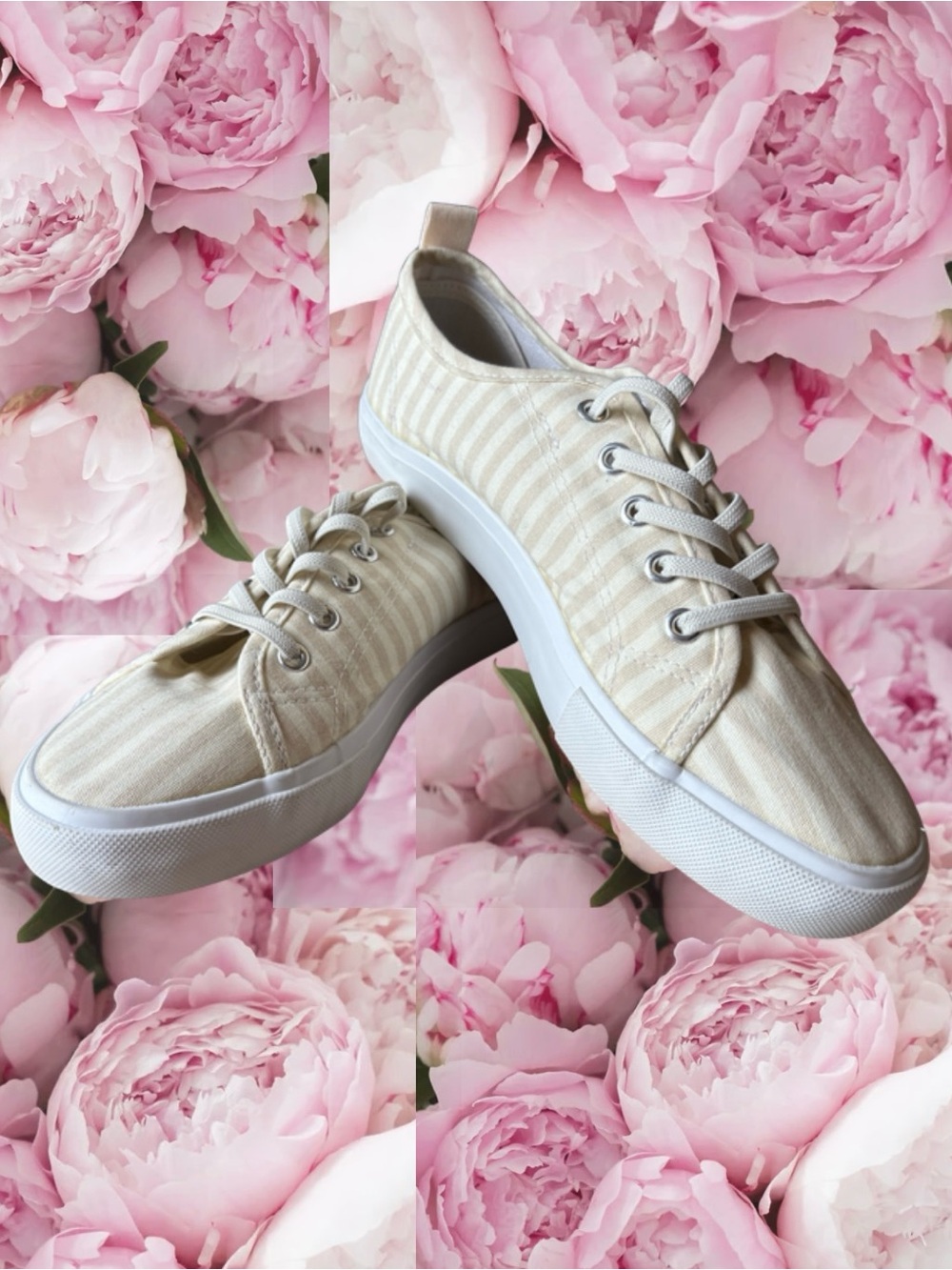 SERRA cream/white striped canvas sneakers with elastic